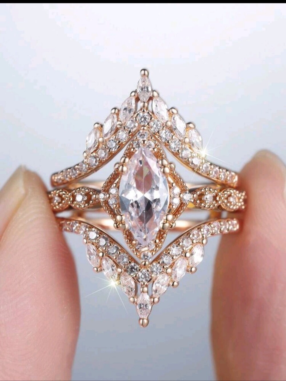 BRAND NEW ** Gold Marquise Halo Bridal Ring Set with Clear Gemstones